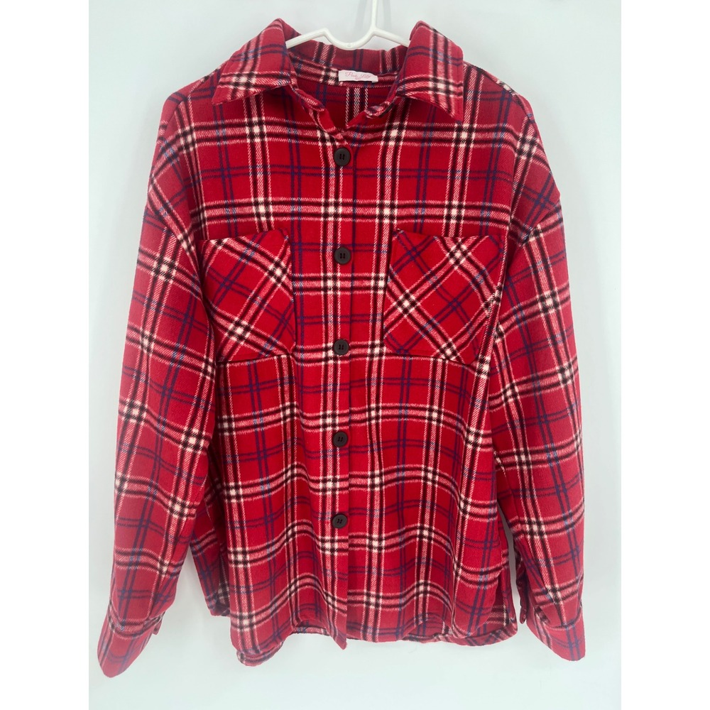 Pink Lily Plaid Button Down Shacket Womens 2XL Red Fleece Shirt Jacket LY21-001